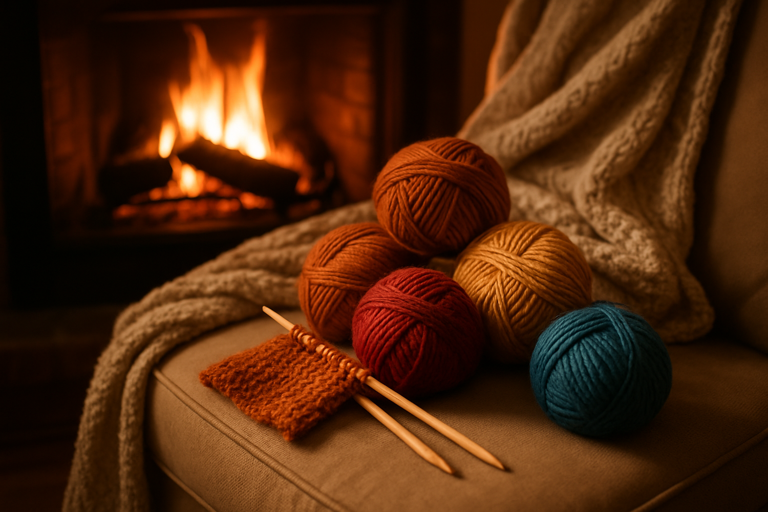 knitting needles, yarn, fire place and make it cozy